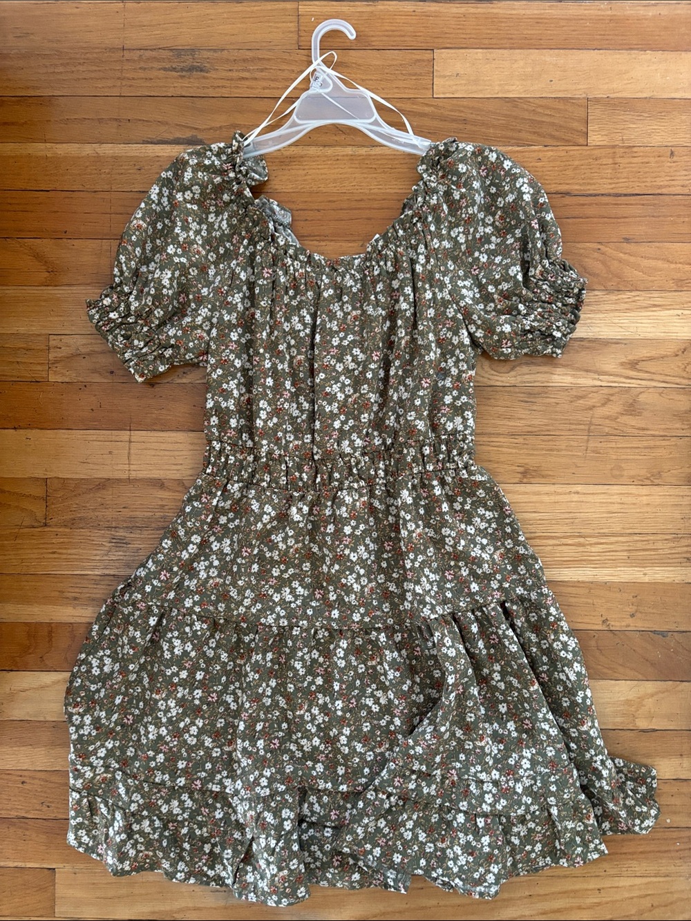Olive Floral Puff-Sleeve Tiered Dress